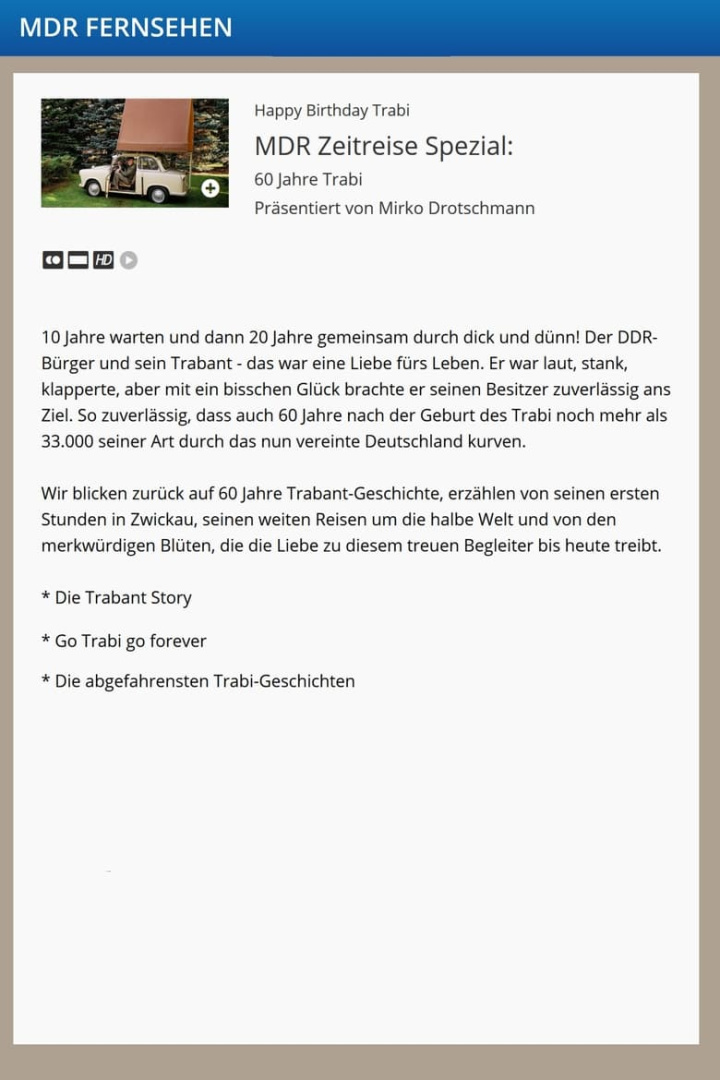 MDR Zeitreise Spezial: 60 Jahre Trabi i gruppen Alla filmer / Documentary hos Mohamad shop (584932)